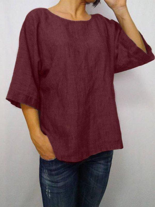 Casual Solid 3/4 Sleeve Round Neck Plus Size Tops