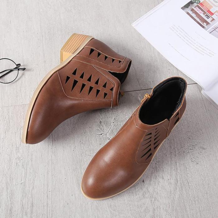 Women Spring Low Heel Booties Hollow-out Zipper Daily Shoes