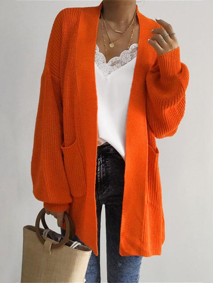Casual Solid Plain Pocket Cardigan