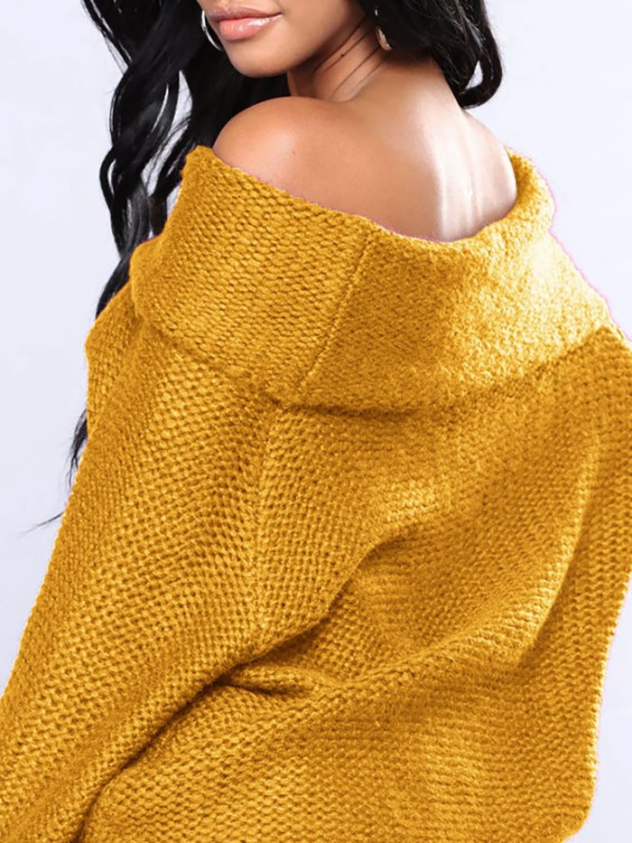 Balloon Sleeve Cold Shoulder Casual Knitted Sweater