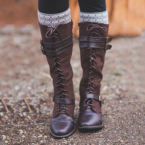Vintage Lace Up Mid-calf Split Joint Boots Adjustable Buckle Low Heel Boots