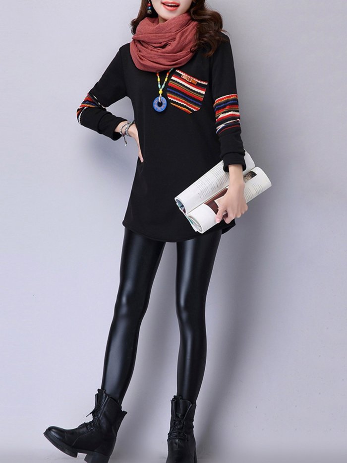 Black Long Sleeve Crew Neck Casual Top