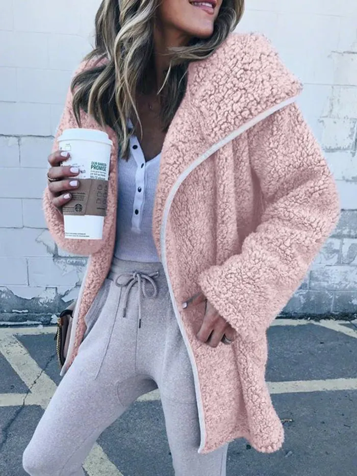 Women Hooded Sherpa Coat Shawl Collar Solid Teddy Bear Coats
