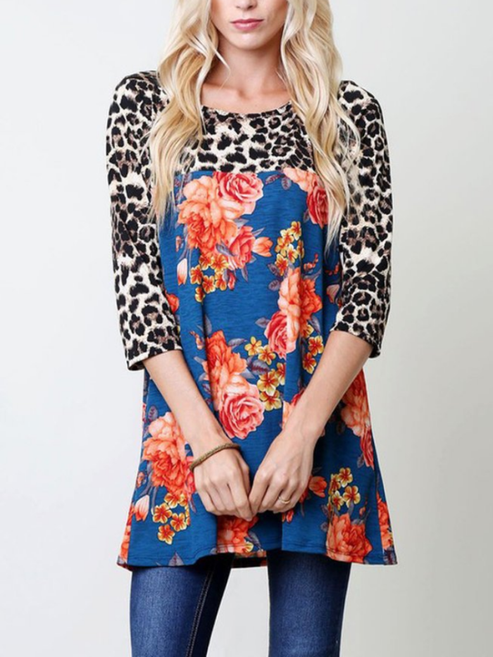Leopard-Print Cotton-Blend Floral Long Sleeve T-Shirts
