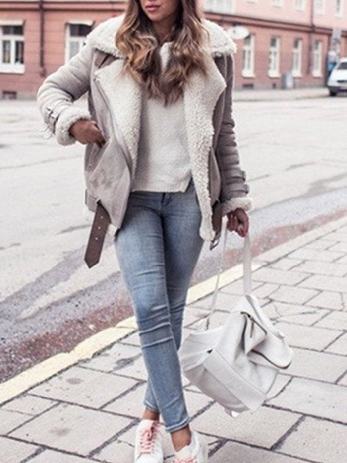 Long Sleeve Lapel Casual Solid Faux Fur Jackets for Women