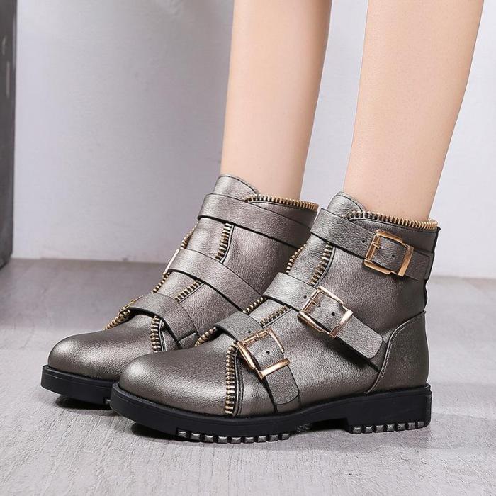 Gunmetal Zipper Daily Adjustable Buckle Spring/Fall Chunky Heel Boot