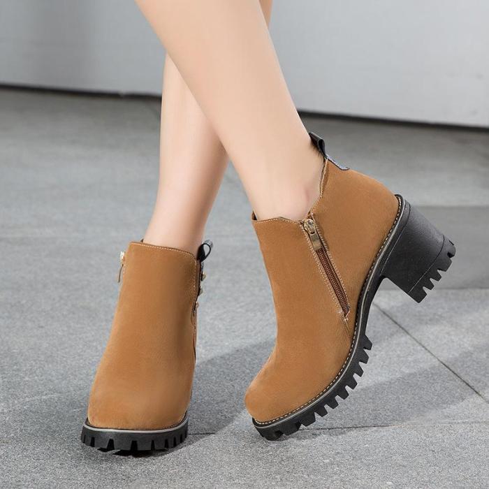 Women Spring Ankle Zipper Chunky Heel Suede Boots