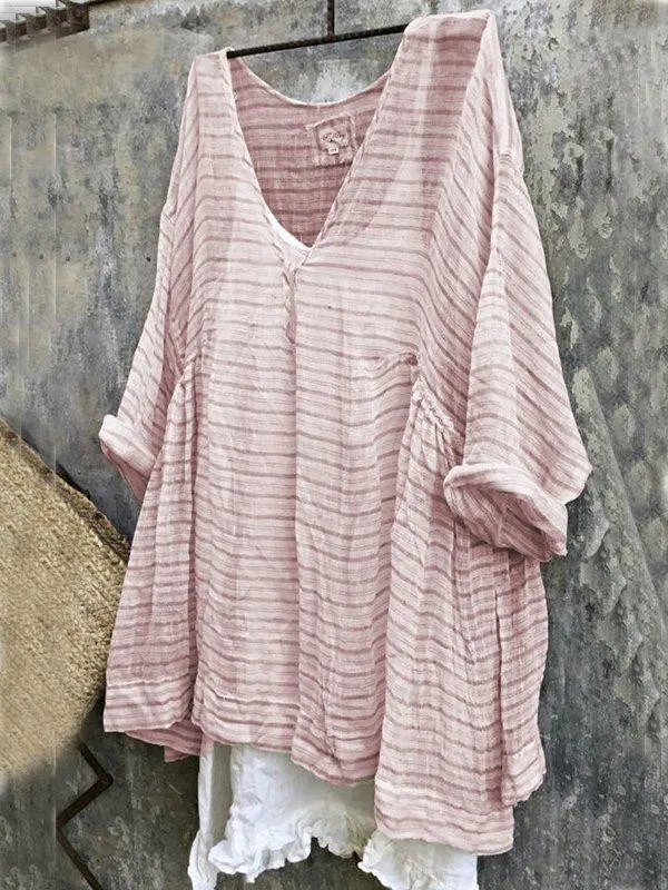Casual 3/4 Sleeve V Neck Striped Bat Sleeve Tops