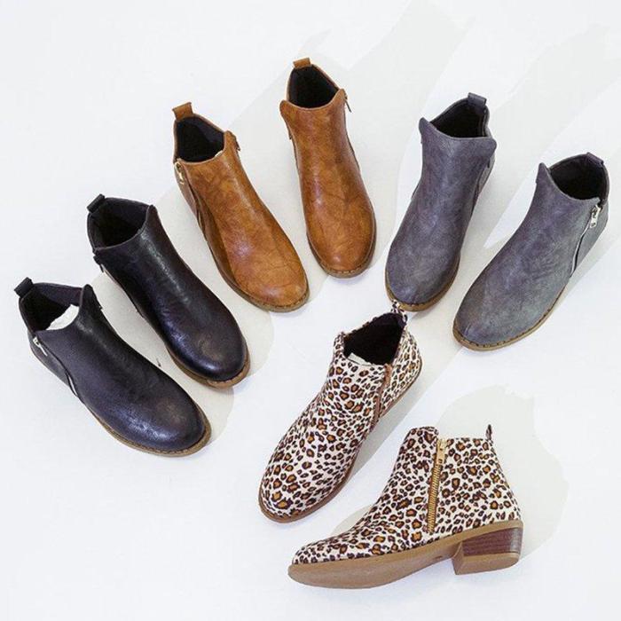 Women Ankle Boots Casual Chic Zipper Boots Artificial Leather Leopard Booties