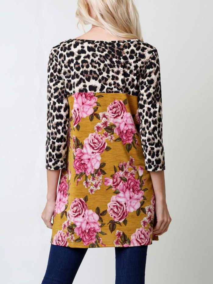 Leopard-Print Cotton-Blend Floral Long Sleeve T-Shirts