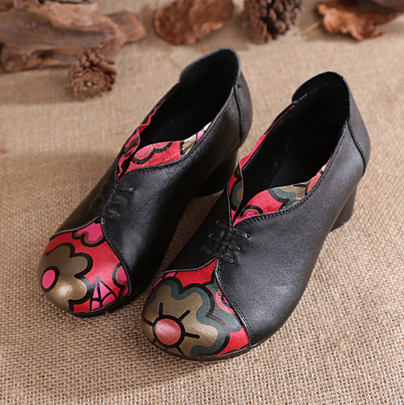 Handmade Chunky Heel Color Block Casual Genuine Leather Loafer
