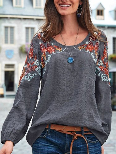 Gray Long Sleeve Cotton-Blend Crew Neck Plain Shirts & Tops