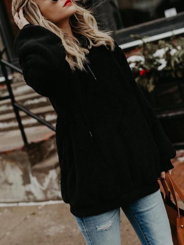 Autumn Winter Fleece Long-sleeved Solid Color Hoodies And Sweatshirts