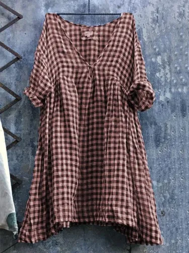Casual V Neck 3/4 Sleeve Plus Size Lattice Bat Sleeve Dress