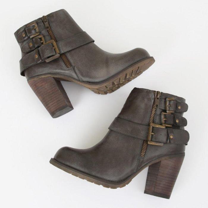 Artificial Leather Adjustable Buckle Chunky Heel All Season Boots