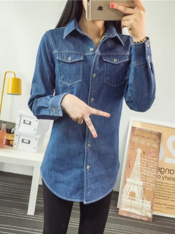 Leopard Lining Denim Shirt Collar Long Sleeve Outdoor Coat