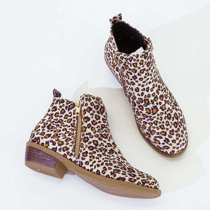 Women Ankle Boots Casual Chic Zipper Boots Artificial Leather Leopard Booties