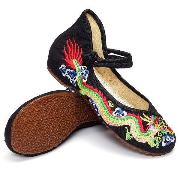Colorful Vintage National Wind Chinese Embroidered Dragon Mary Janes Flat Shoes