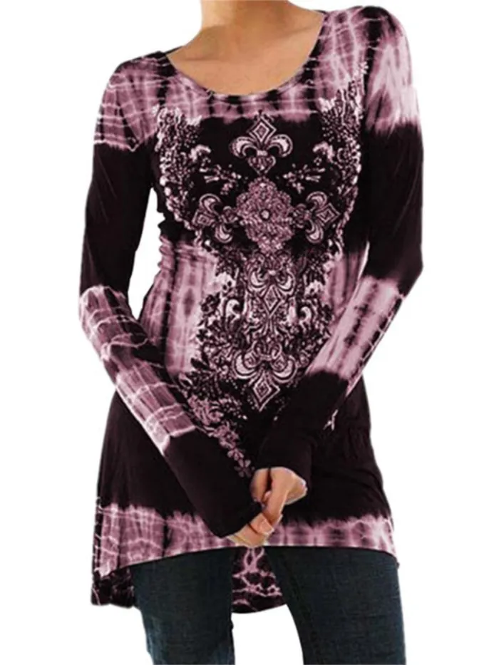 Long Sleeve Floral-Print O-Neck Vintage T-Shirts