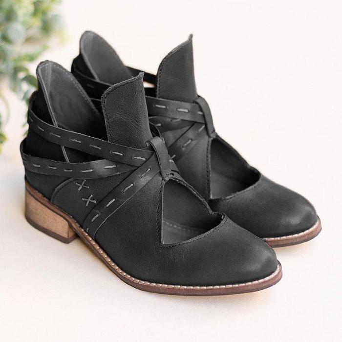 Women Artificial Leather Ankle Low Heel Boots Hollow-out Vintage Booties