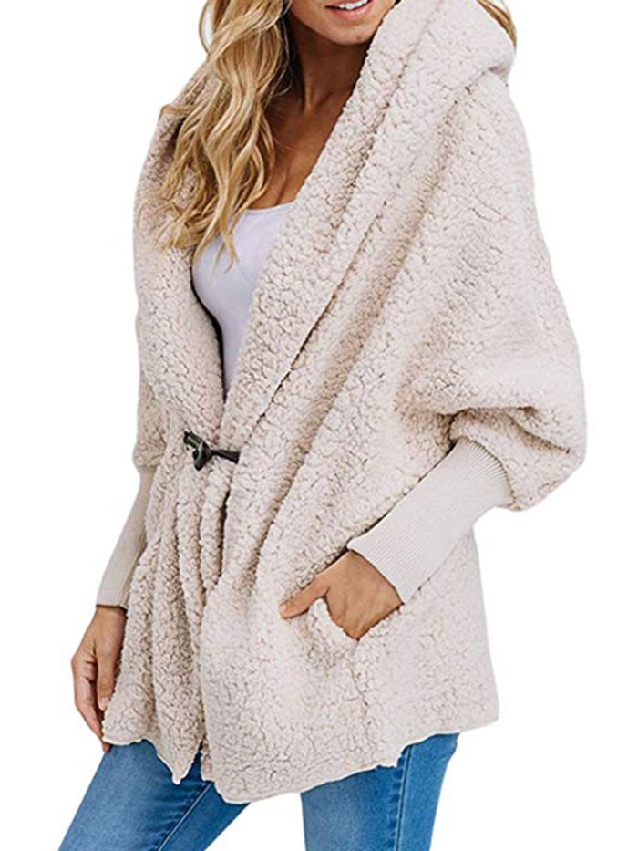 Shawl Collar Long Sleeve Solid Casual Faux fur Hoodie Coat