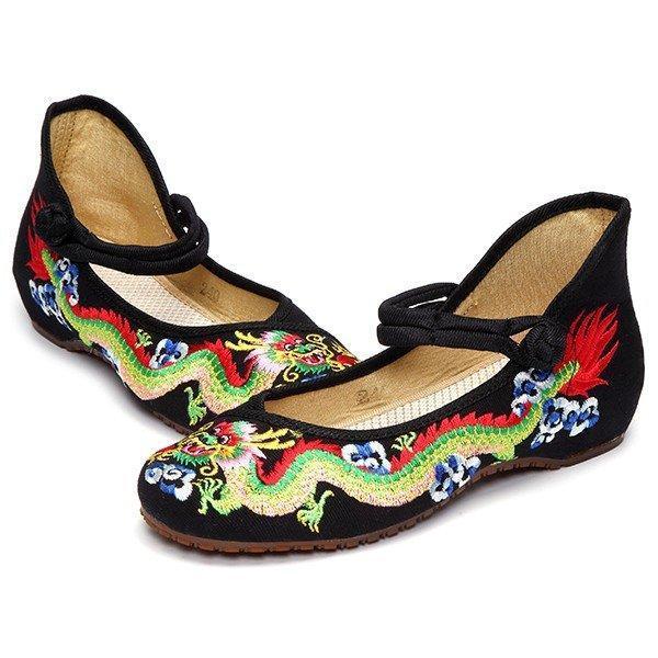 Colorful Vintage National Wind Chinese Embroidered Dragon Mary Janes Flat Shoes