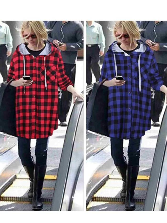 Casual Long Sleeve Hooded Plaid Plus Size Coat