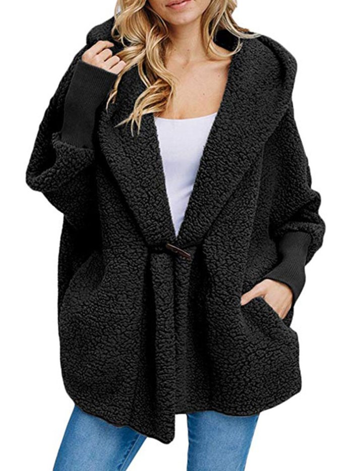 Shawl Collar Long Sleeve Solid Casual Faux fur Hoodie Coat