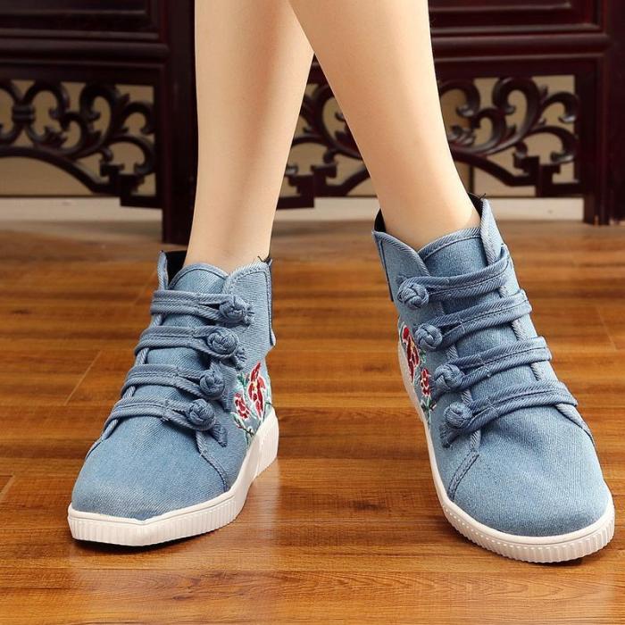 Light Blue Winter Buckle Canvas Flat Heel Embroidery Boots