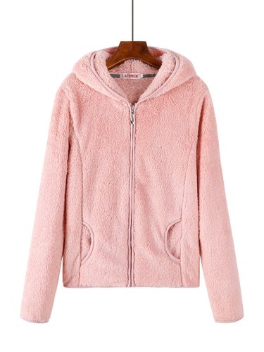 Hoodie Sherpa Coat Solid Zipper Teddy Bear Coats