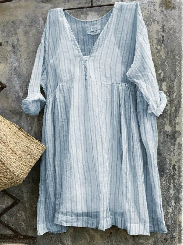 V Neck 3/4 Sleeve Striped Casual Bat Sleeve Tops