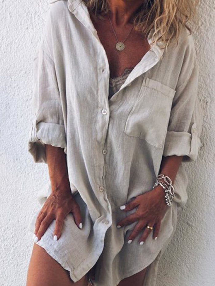 V Neck Buttoned Long Sleeve Blouses&shirts