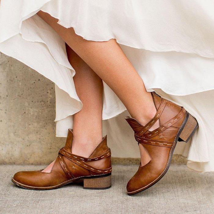 Women Artificial Leather Ankle Low Heel Boots Hollow-out Vintage Booties