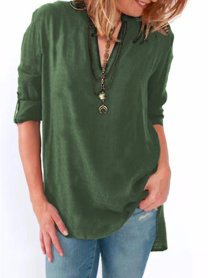 Dark Blue Basic Solid Polyester Blouses & Shirt