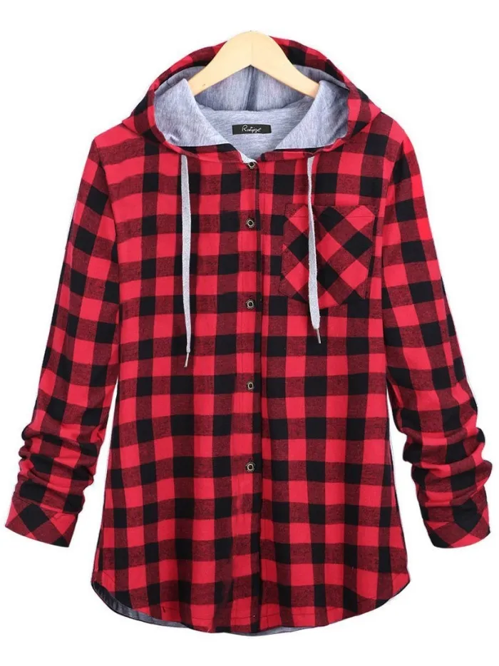 Casual Long Sleeve Hooded Plaid Plus Size Coat