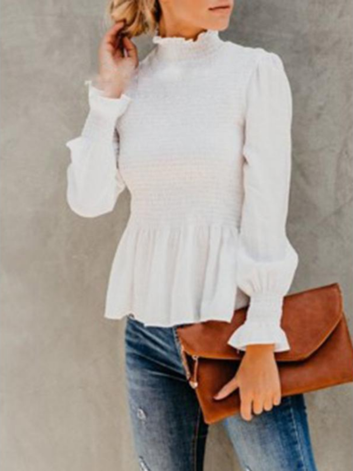 Women's Fashion Solid Chiffon Turtle Neck Solid Shirred Long Sleeve Blouses