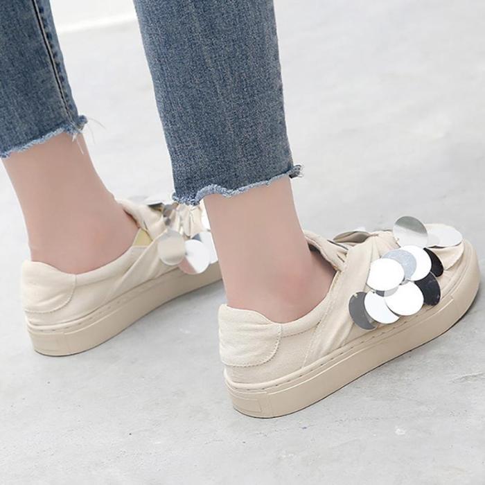 Women Canvas Loafers Casual Sequin Slip On Shoes