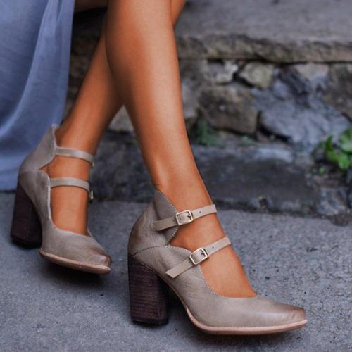 Women Casual Vintage Chunky Heel Buckle Sandals