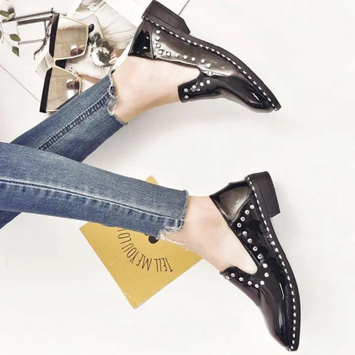Women Patent leather Rivet Low Heel Loafers Casual Comfort Shoes
