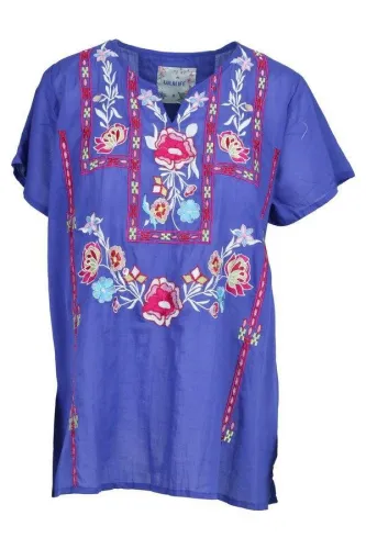Blue V Neck Floral Casual Floral-Print Blouse