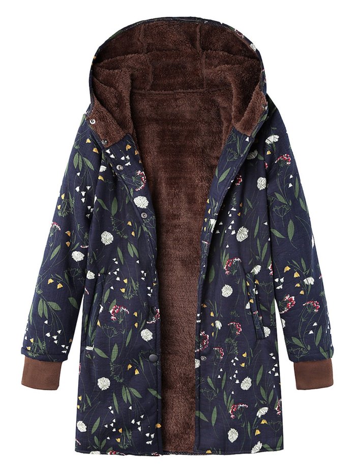 Vintage Floral-Print Hoodie Buttoned Long Sleeve Coat