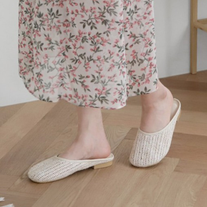 Women Beach Pu Flats Faux Straw Braided Slippers Shoes