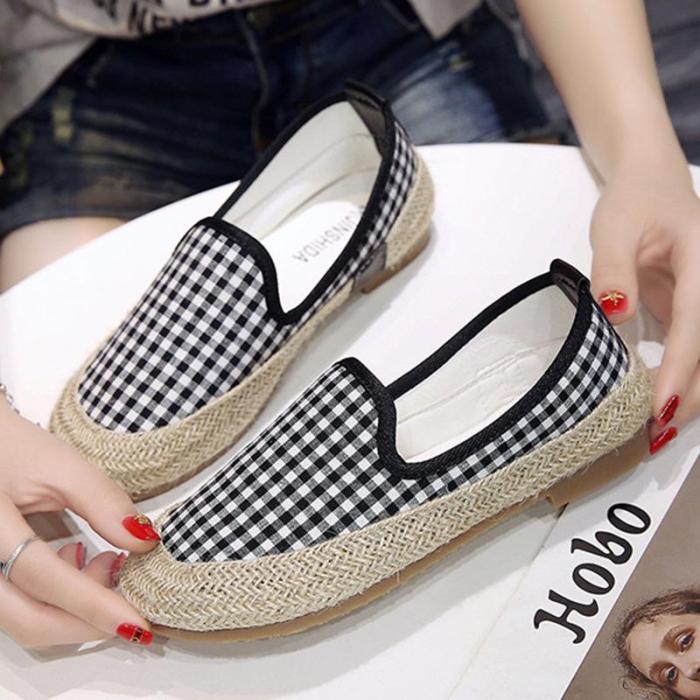 Women Canvas Loafers Casual Slip On Flat Plaid Shoes