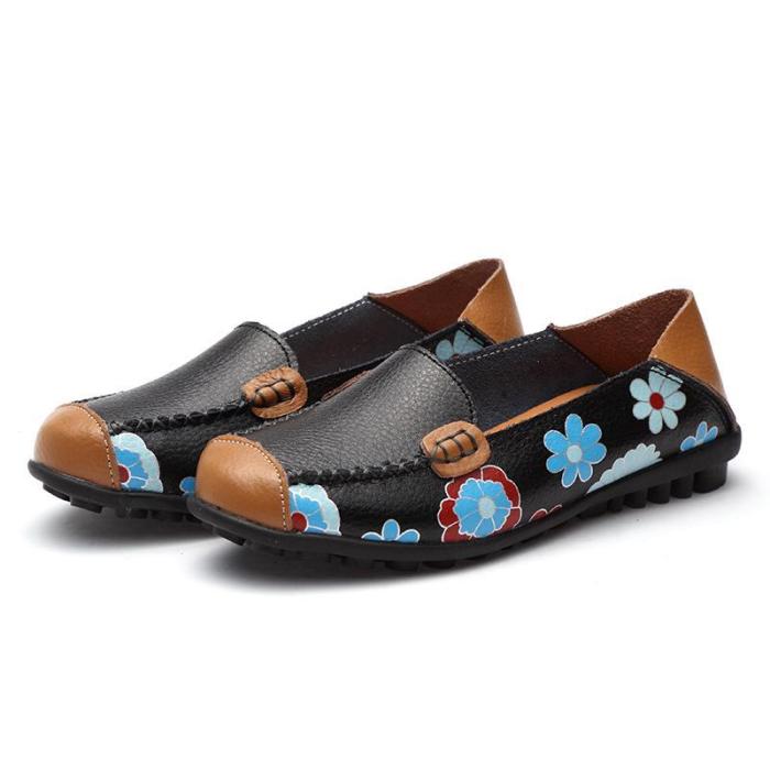 Large Size Floral Print Split Leather Casual Flats