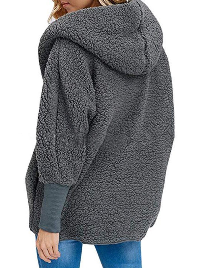 Shawl Collar Long Sleeve Solid Casual Faux fur Hoodie Coat