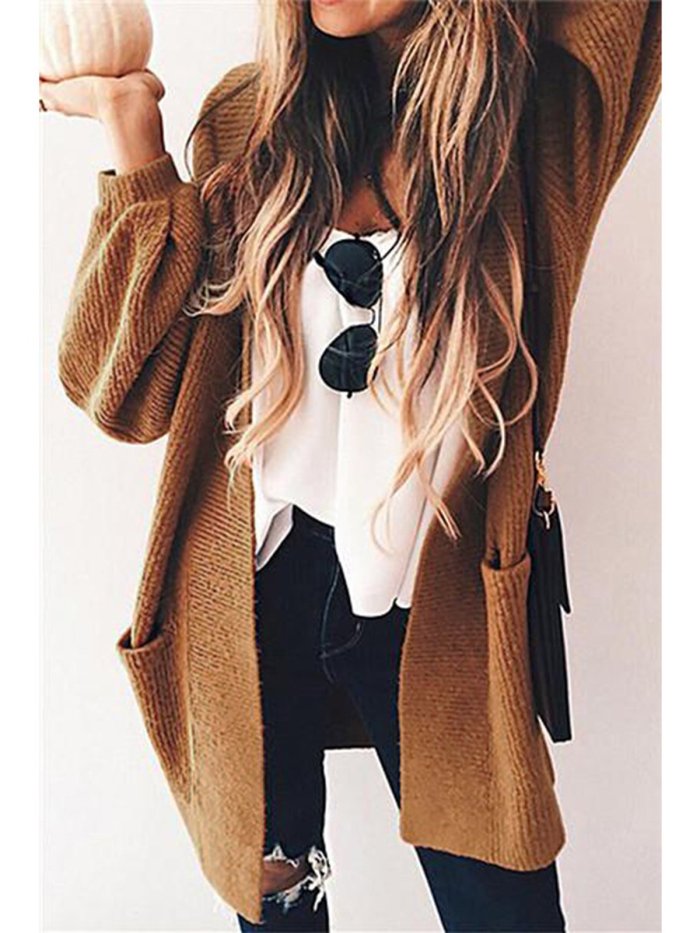 Casual Solid Plain Pocket Cardigan