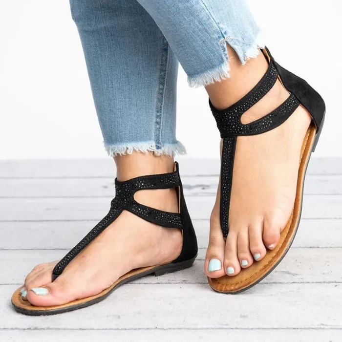 Plus Size Rhinestone PU Zipper Sandals