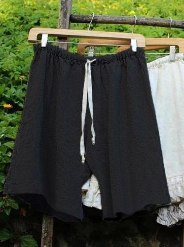 Women Lace Up Elastic Waistband Shorts Linen Bloomers