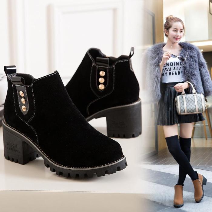 Women Spring Ankle Zipper Chunky Heel Suede Boots