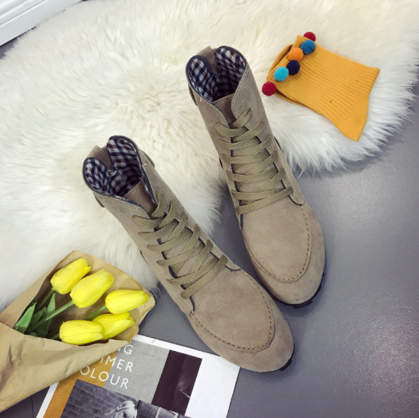 Khaki Anti-slip Suede Flat Heel Lace-up Daily Boots